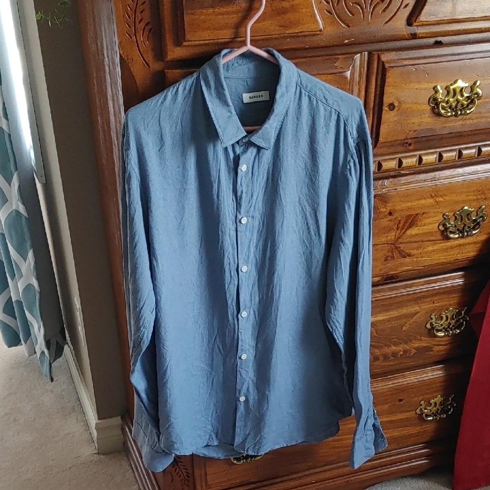 Men's Sandro Hemp Button Down Shirt Blue XL